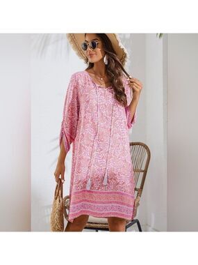 Hotouch Women Casual Pink Summer Beach Dress Boho 3/4 Sleeve Size large